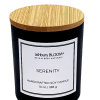Serenity Soy Wax Candle Canada - A beautifully crafted soy wax candle by ashbury BLOOM in a glass jar, emitting a warm and inviting glow. The candle is made from natural soy wax, offering a clean and long-lasting burn. It features a delicate fragrance of top notes of orange and bergamot, a warm heart of cinnamon and clove, and lingering aromas of patchouli, perfect for creating a cozy atmosphere in any room.