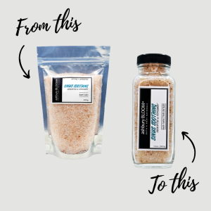 ashbury Bloom bath salt transition from bath salt bag to bath salt glass bottle 