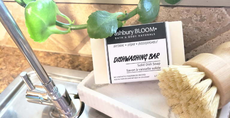 Natural dishwashing bar and dish scrubber brush by Ashbury Bloom.