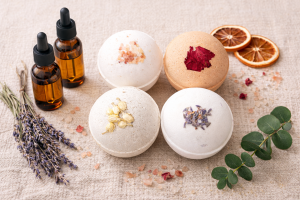 Essential oil bath and body products with natural ingredients like lavender and citrus