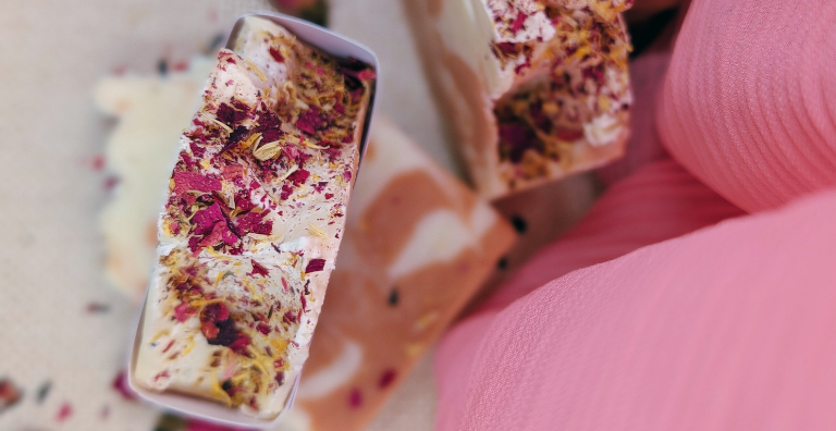Love Spell handmade soap bar with pink rose petals, natural oils, and essential oils, Valentine’s Day edition