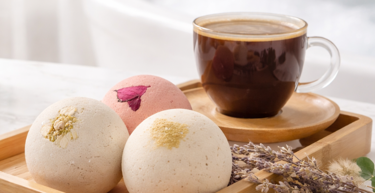 Naturally coloured handmade bath bombs made with French clays, essential oils, and dried botanicals.