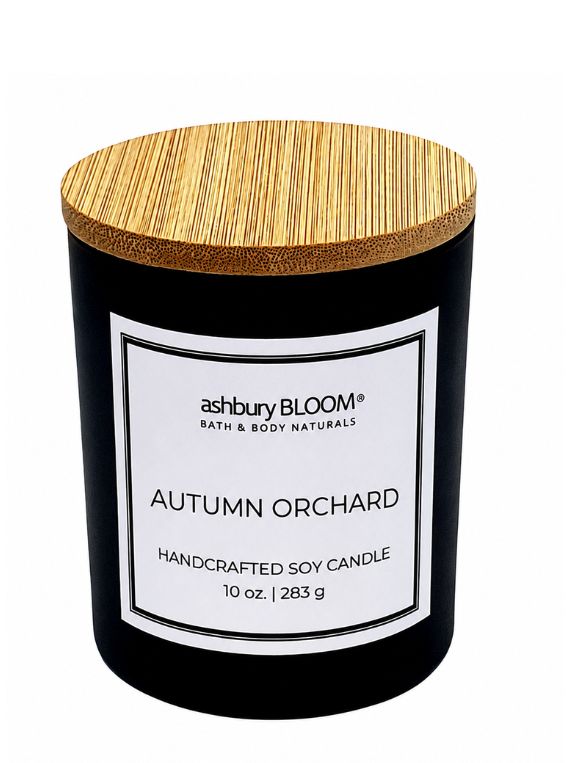 Autumn Orchard soy wax candle in a black and bamboo vessel