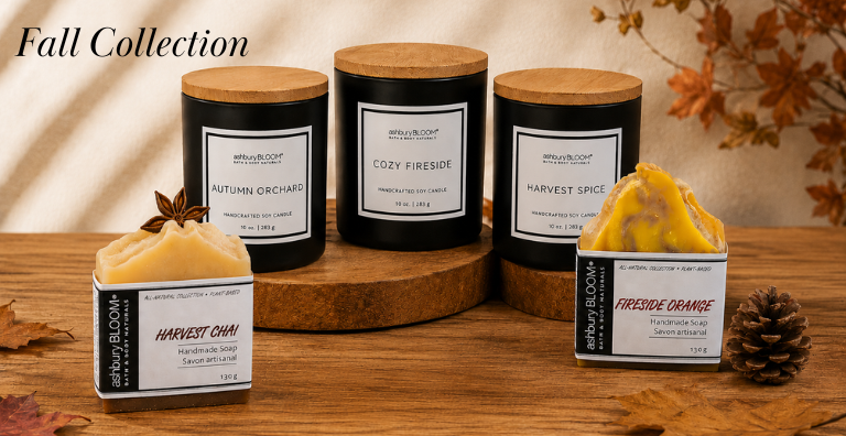 Handmade fall soaps and soy candles from Ashbury BLOOM displayed with autumn décor for wholesale boutiques and gift shops.